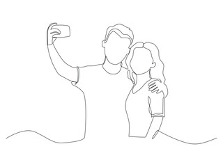 Continuous line art of Two friends taking pictures.