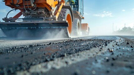 Side view of a paver machine smoothing out a new road surface efficiently