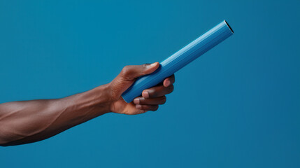 Baton Exchange in Relay Race, close-up of baton firmly held in receiver's hand, showcasing precision and teamwork during a crucial moment in the race