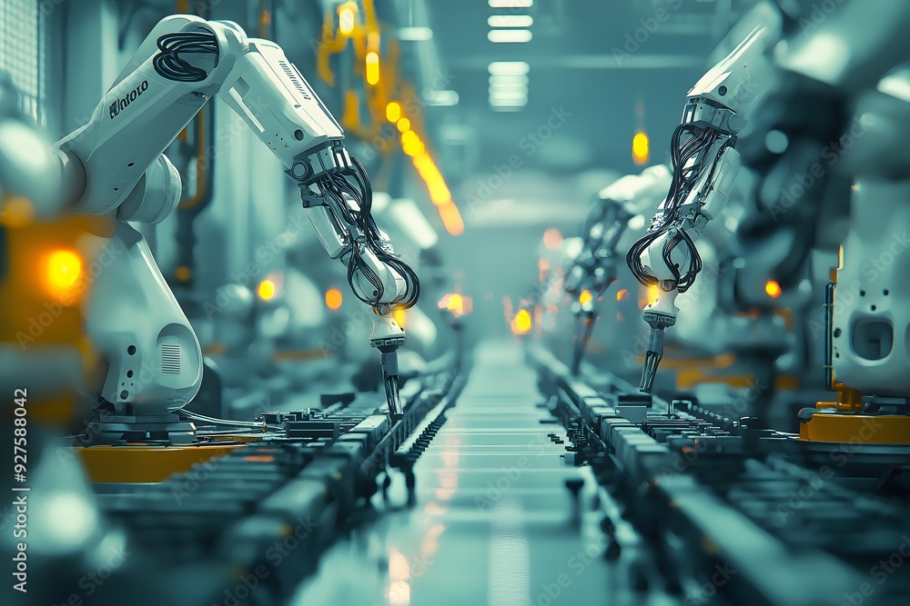 Poster robotic arms working on assembly line in factory