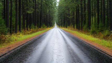 Obraz premium Revitalizing Pathway in Lush Pine Forest, a serene road glistening with rain, surrounded by vibrant greenery and the soothing scent of damp earth.