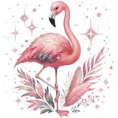Flamingo with pink glitter and flower shiny clipart transparent background