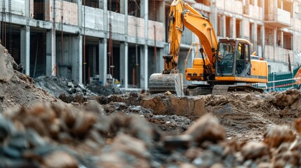 Fototapeta premium Side view of an excavator operating near a building foundation