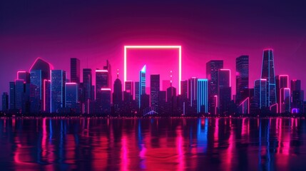 Fototapeta premium Futuristic urban landscape, vibrant neon lights illuminating sleek skyscrapers, advanced architecture blending technology and modernity in a bustling metropolis