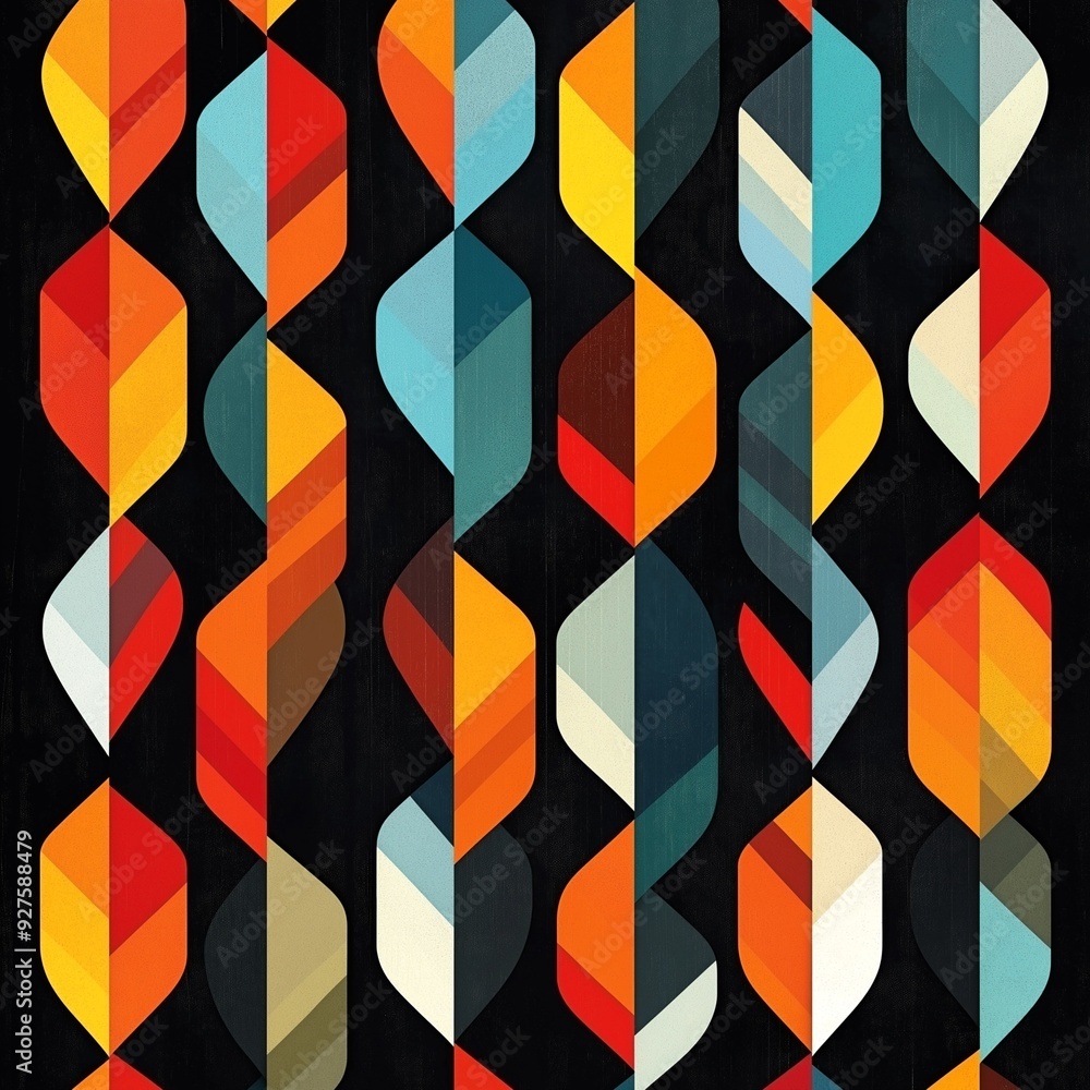 Poster a colorful abstract design with orange, blue, and green shapes. the design is made up of many differ