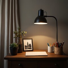 Workspace arrangement with desk lamp