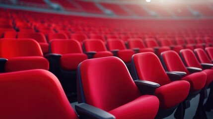 Fototapeta premium Vibrant red seating in a bustling outdoor stadium, surrounded by cheering fans, creating an energetic atmosphere for live sports and events.