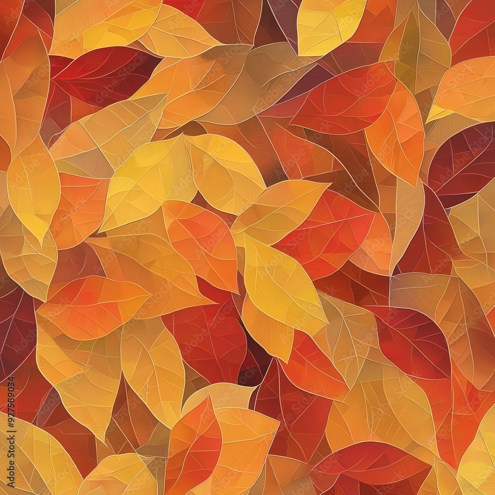 Poster abstract background with overlapping autumn leaves in warm shades of orange, red, and yellow, creati