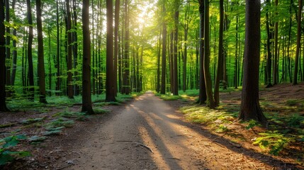 Fototapeta premium Sunlit Trail Through Lush Forest, a tranquil pathway enveloped by radiant leaves, inviting serenity and the soothing sounds of nature in a vibrant woodland setting