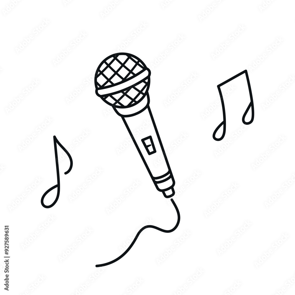 Poster simple outline drawing of a microphone and music notes isolated on a white background representing m