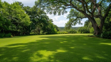 Obraz premium Shaded Retreat Under an Oak Tree, a serene lawn scene featuring a spacious grassy area complemented by the cooling shade of a majestic oak tree, ideal for relaxation and leisure