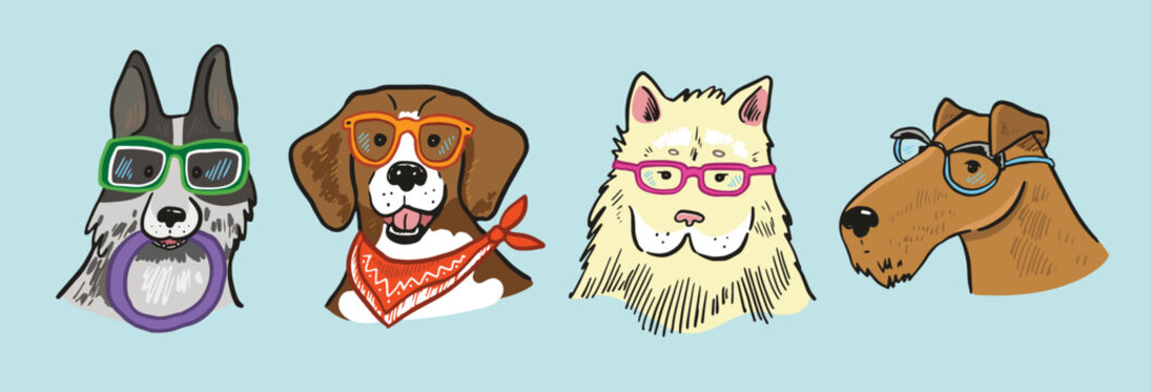 Set of dogs with glasses. Vector illustration on a white background.