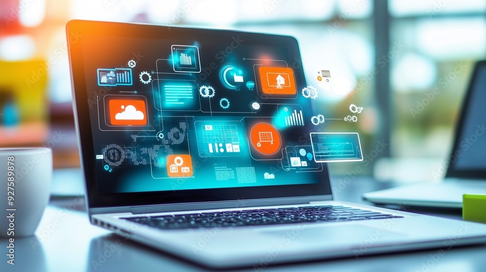Poster a modern technological workspace with a laptop is displaying various digital icons and data visualiz