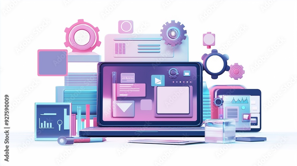 Poster a modern technological workspace with a laptop is displaying various digital icons and data visualiz