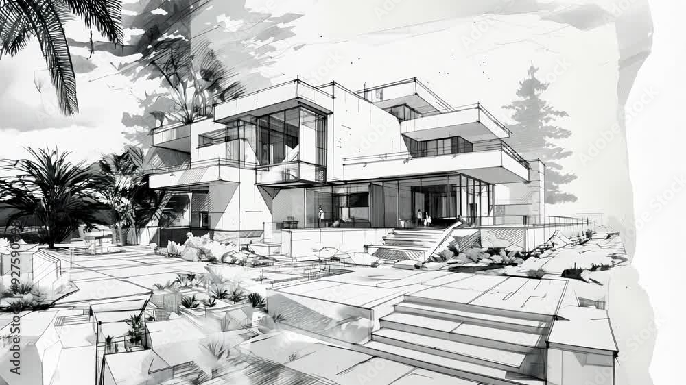 Poster wireframe rendering of a contemporary house with technical details