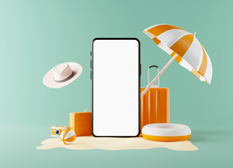 Blank screen of smartphone for advertising with beach equipment on green background. Travel vacation. Summer vacation travel concept. 3D rendering.
