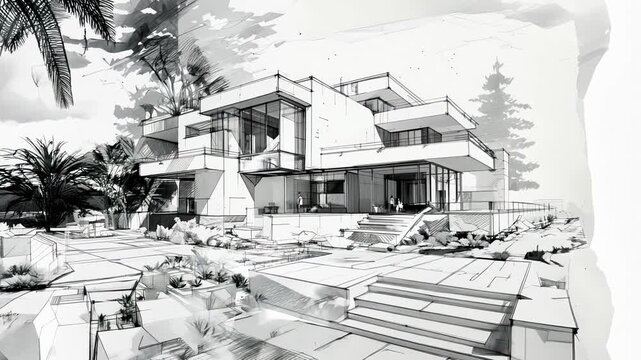 Wireframe rendering of a contemporary house with technical details
