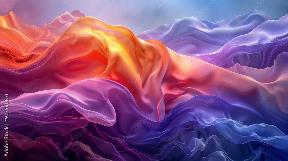 Poster vibrant flowing abstract background fabric with a gradient of colors resembling waves in an ethereal