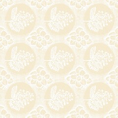 Modern white on cream lace effect wedding background texture. Soft tonal linen openwork block print with subtle hand drawn lattice damask printed fabric backdrop. 