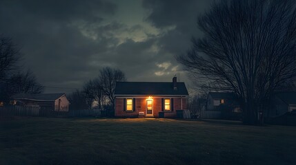 Neighborhood in Darkness with One Brightly Lit House During Power Outage