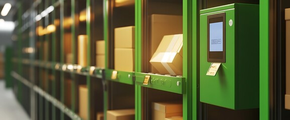 Close-up of a green automated package locker with a delivery box on a conveyor belt and a digital screen.