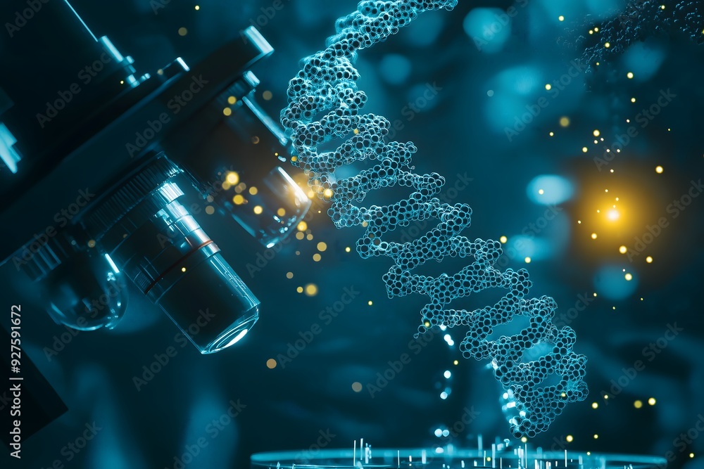 Poster dna strand under microscope in lab setting