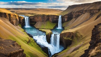 Beautiful waterfall of Seljalandsfoss in Iceland on a sunny summer day.
A waterfall on a cliff with mountains in the background.
