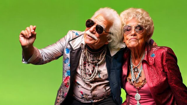 Active seniors dancing in hippy cloths, isolated on green chroma