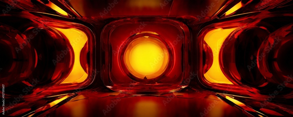 Poster red and yellow background with many different shapes