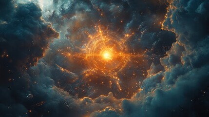 Fototapeta premium Enchanted Mystical Fantasy Frame of Swirling Clouds, Crystals, and Glowing Symbols for Magical Projects