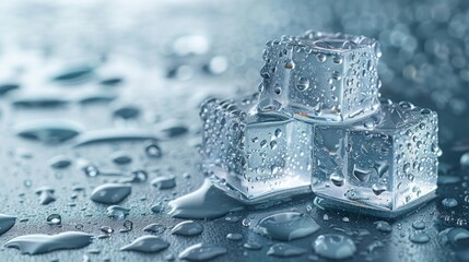 Water droplets on three ice cubes, reflecting light on a smooth, blue surface creating a refreshing visual effect.