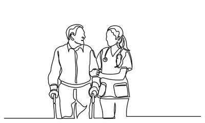 Continuous line drawing of Young nurse helping elderly grandfather. The old man is trying to walk with the assistance of a female doctor. senior care concept
