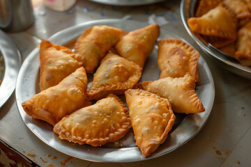 fried samosa on plate, local homemade traditional dinner, selective focus
