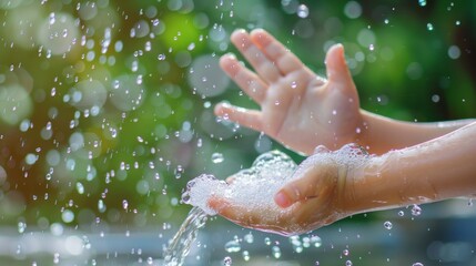 Fototapeta premium little kid hands wash with soap bubbles and rinse with clean water to prevent and stop the spread of germs after back to home, virus or covid19. Good health and good personal hygiene, virus, bacteria