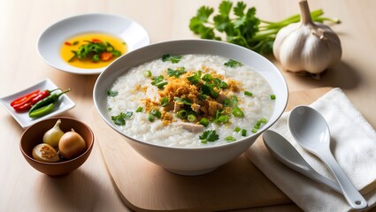 Chicken Porridge, rice soup with Shredded chicken breast in white bowl. Asian and Indonesian breakfast food.