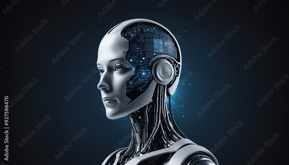Poster futuristic ai artificial intelligence humanoid robot head against dark background