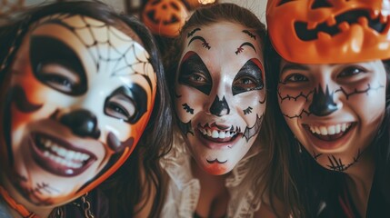 A group of friends wearing different Halloween masks, smiling together.
