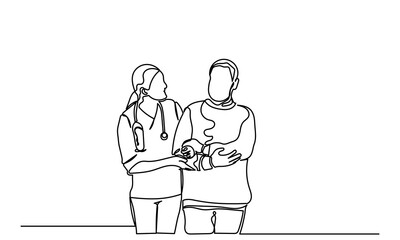 Continuous line drawing of Young nurse helping elderly grandfather. The old man is trying to walk with the assistance of a female doctor. senior care concept
