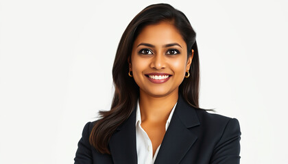 smiling confident professional indian business woman in formal suit black blazer light shirt against white background