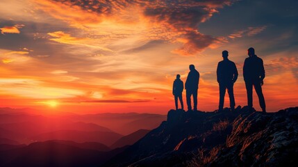 Silhouette of team stand and feel happy on the most hight at the mountain on sunset, success, leader, teamwork, target, Aim, confident, achievement, goal, on plan, finish, generate by AI.