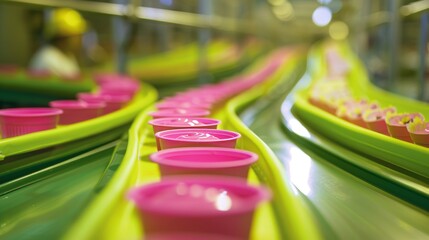 close-up of vibrant plastic food containers on green conveyor belts in an innovative warehouse,...