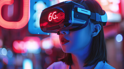 a young woman is immersed in a futuristic experience, donning a sleek VR headset labeled "6G."