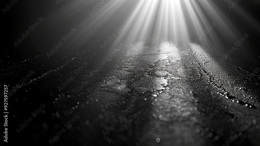 Poster light beams cascade through dark surroundings, illuminating a wet surface in an artistic display
