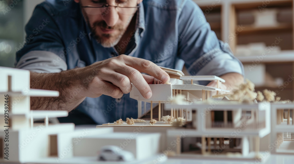 Poster an architect is focused on crafting detailed architecture models in a bright design studio
