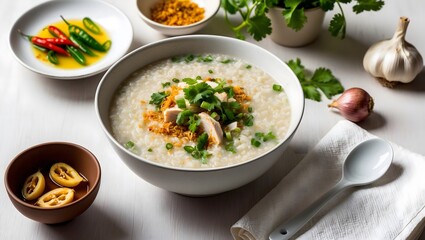 Chicken Porridge, rice soup with Shredded chicken breast in white bowl. Asian and Indonesian breakfast food.