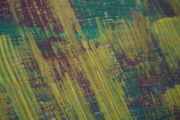Fototapeta premium Abstract yellow acrylic paint splatter on turquoise paint surface, Colorful messy paint splash textured background, Distressed mixed color pattern strokes backdrop