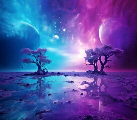 purple and blue sky with two trees in the middle
