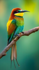 Obraz premium AI-generated bee-eater, blue-tailed bee-eater, perched on a cherry blossom branch. Near the waterfall, there are moss and ferns growing all over. 