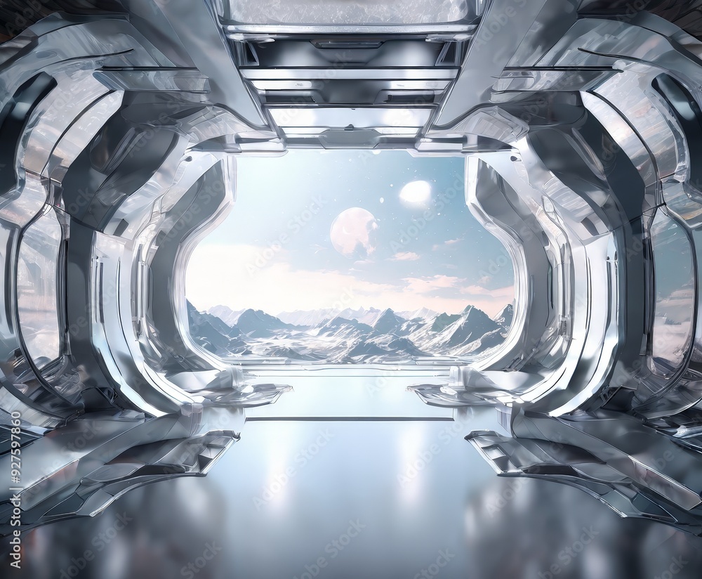 Poster futuristic spaceship with view the mountains