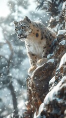 AI generator image of  snow leopard climbs up the snow-covered steep rocks. volumetric light
